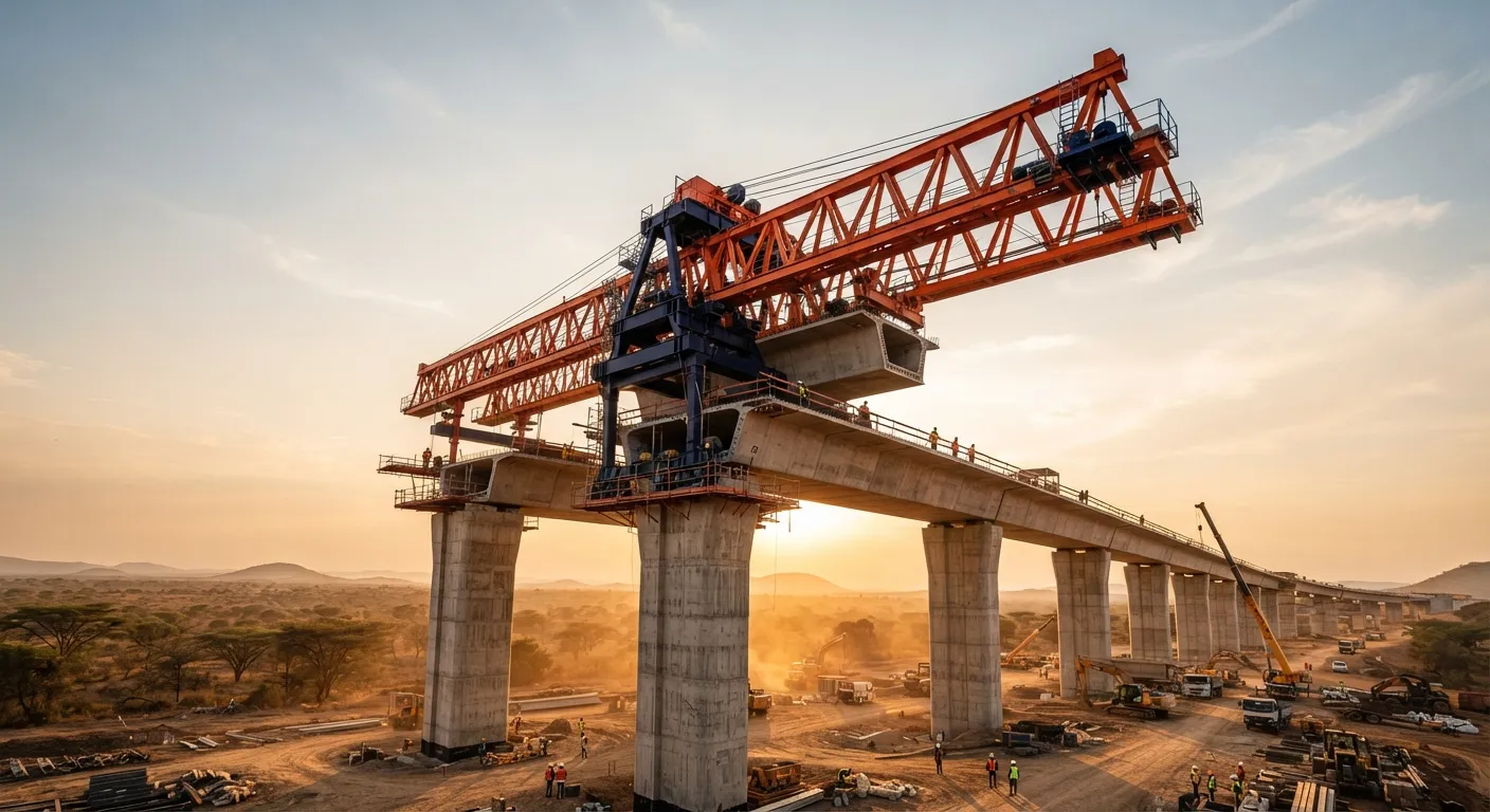 Bridge under construction with a launching gantry and steel truss