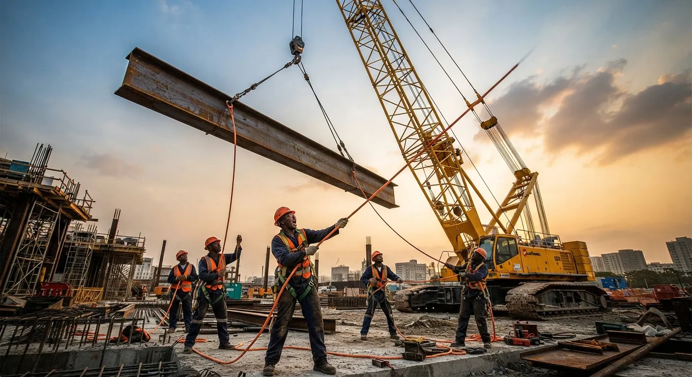 Steel beam lifted by a crane on a construction site