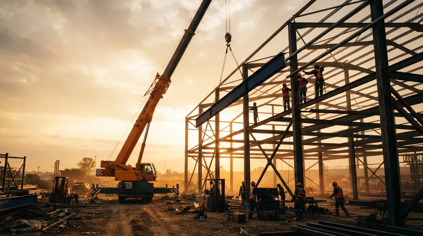 Steel frame under construction at sunset