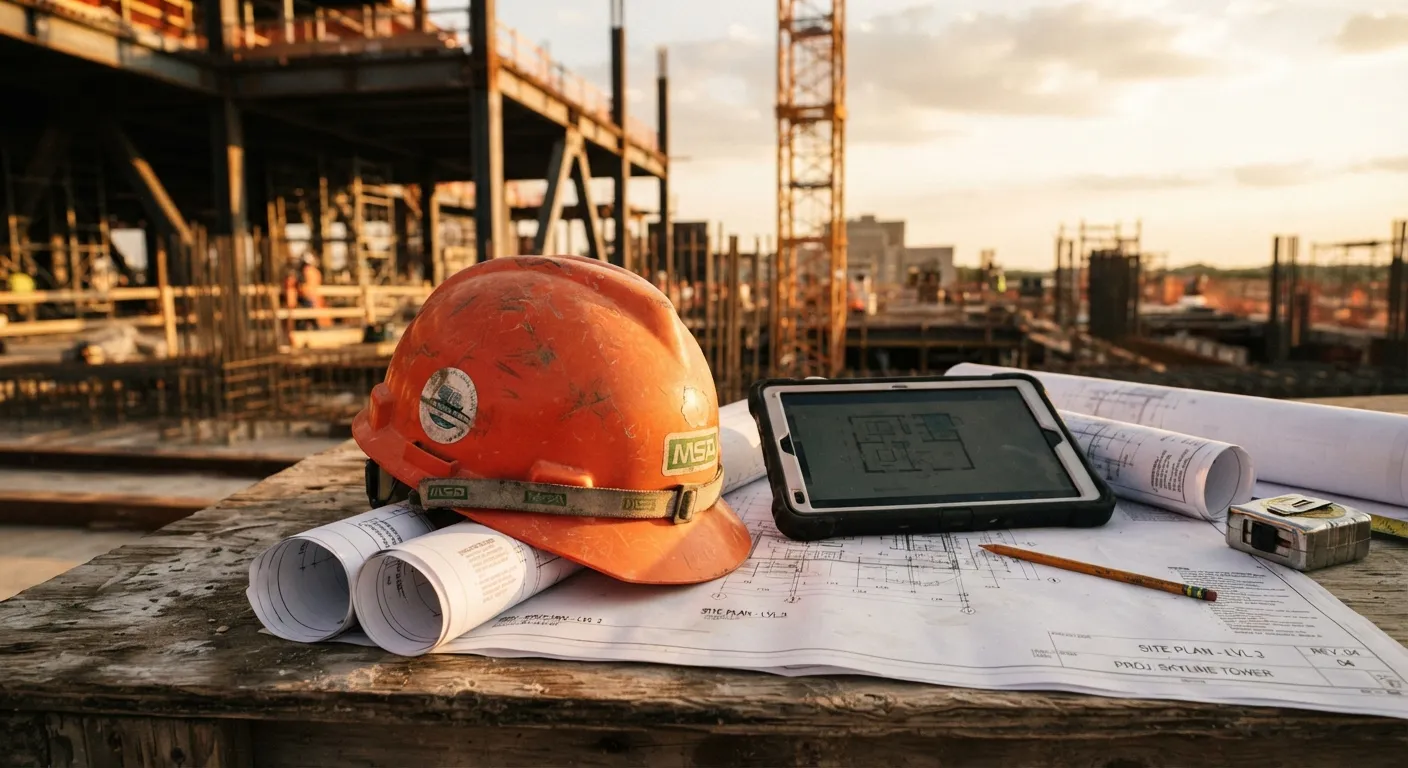 Hard hat, tablet and rolled drawings on a construction site at sunset